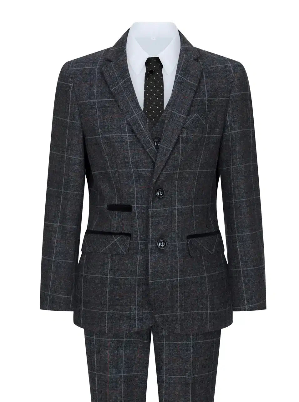 Terno infantil de tweed cinza e preto de 3 peças com estampa espinha de peixe, vinho, estilo vintage retrô.
