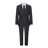 Terno infantil de tweed cinza e preto de 3 peças com estampa espinha de peixe, vinho, estilo vintage retrô.