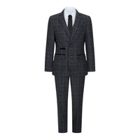 Terno infantil de tweed cinza e preto de 3 peças com estampa espinha de peixe, vinho, estilo vintage retrô.
