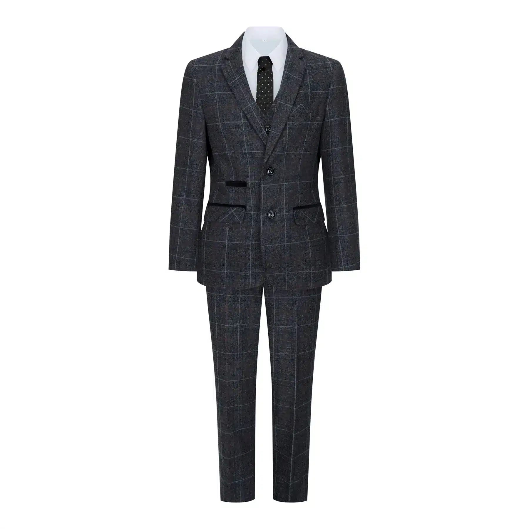 Terno infantil de tweed cinza e preto de 3 peças com estampa espinha de peixe, vinho, estilo vintage retrô.
