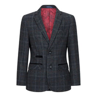 Terno infantil de tweed cinza e preto de 3 peças com estampa espinha de peixe, vinho, estilo vintage retrô.