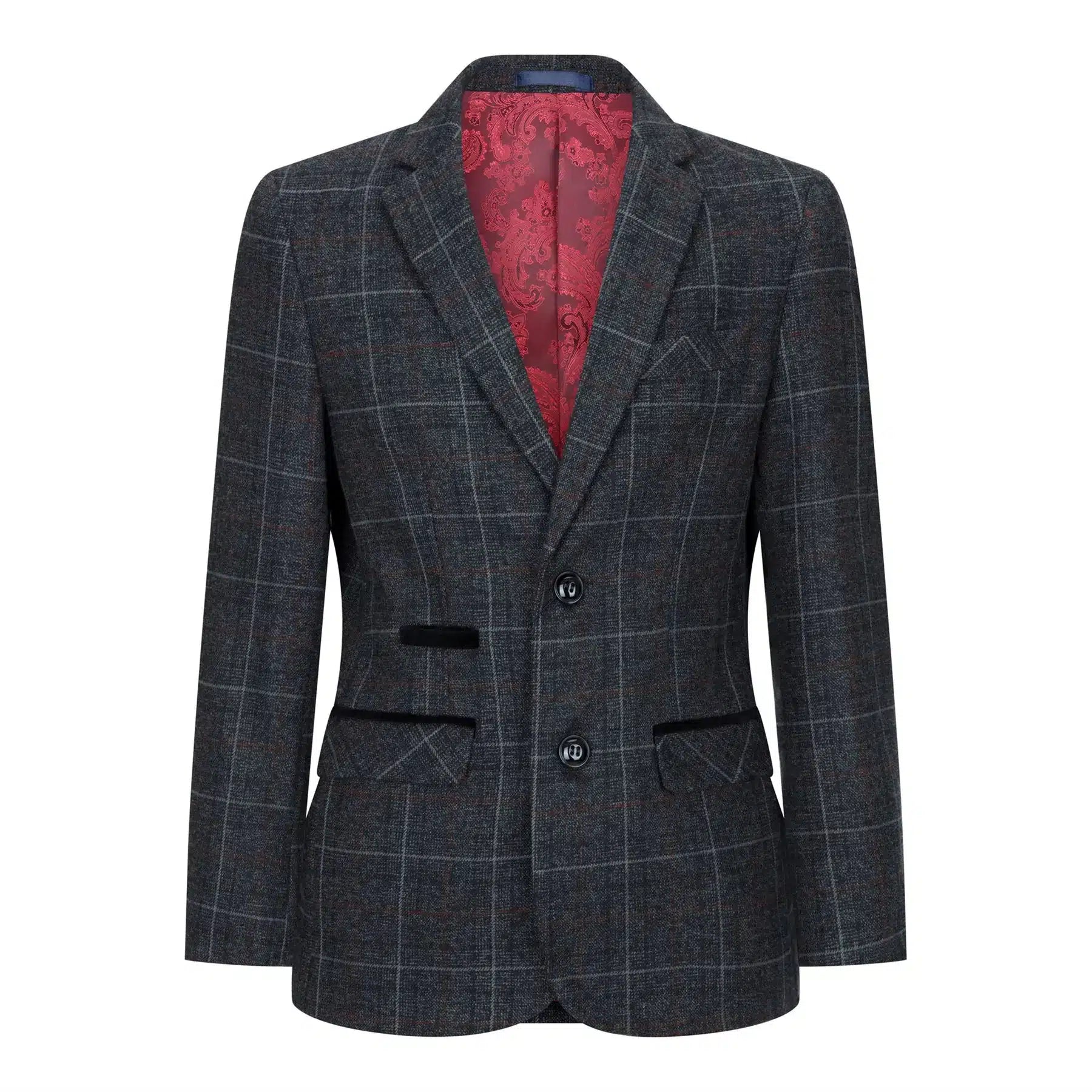 Terno infantil de tweed cinza e preto de 3 peças com estampa espinha de peixe, vinho, estilo vintage retrô.