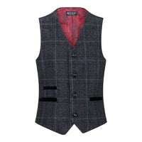 Terno infantil de tweed cinza e preto de 3 peças com estampa espinha de peixe, vinho, estilo vintage retrô.