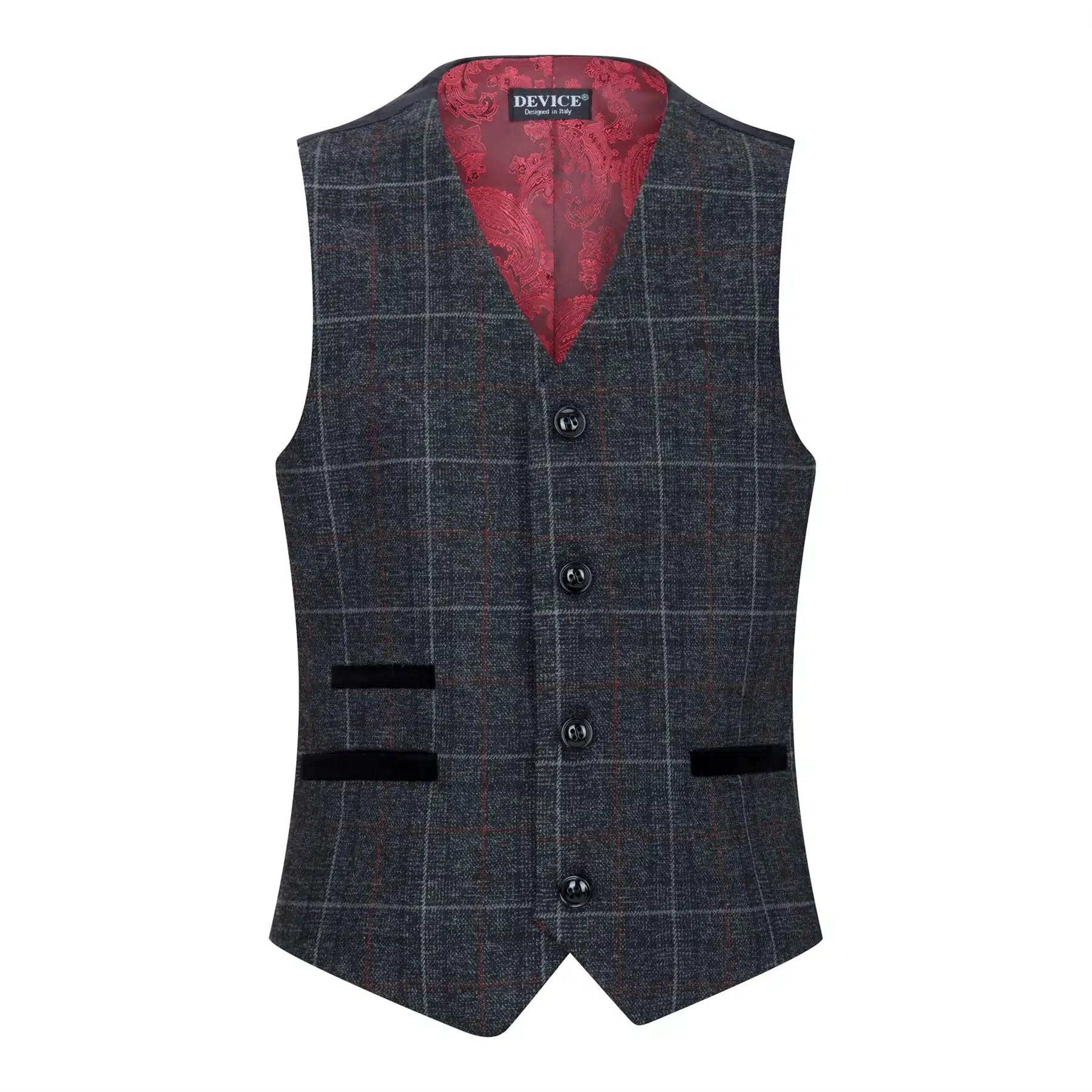 Terno infantil de tweed cinza e preto de 3 peças com estampa espinha de peixe, vinho, estilo vintage retrô.