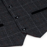 Terno infantil de tweed cinza e preto de 3 peças com estampa espinha de peixe, vinho, estilo vintage retrô.