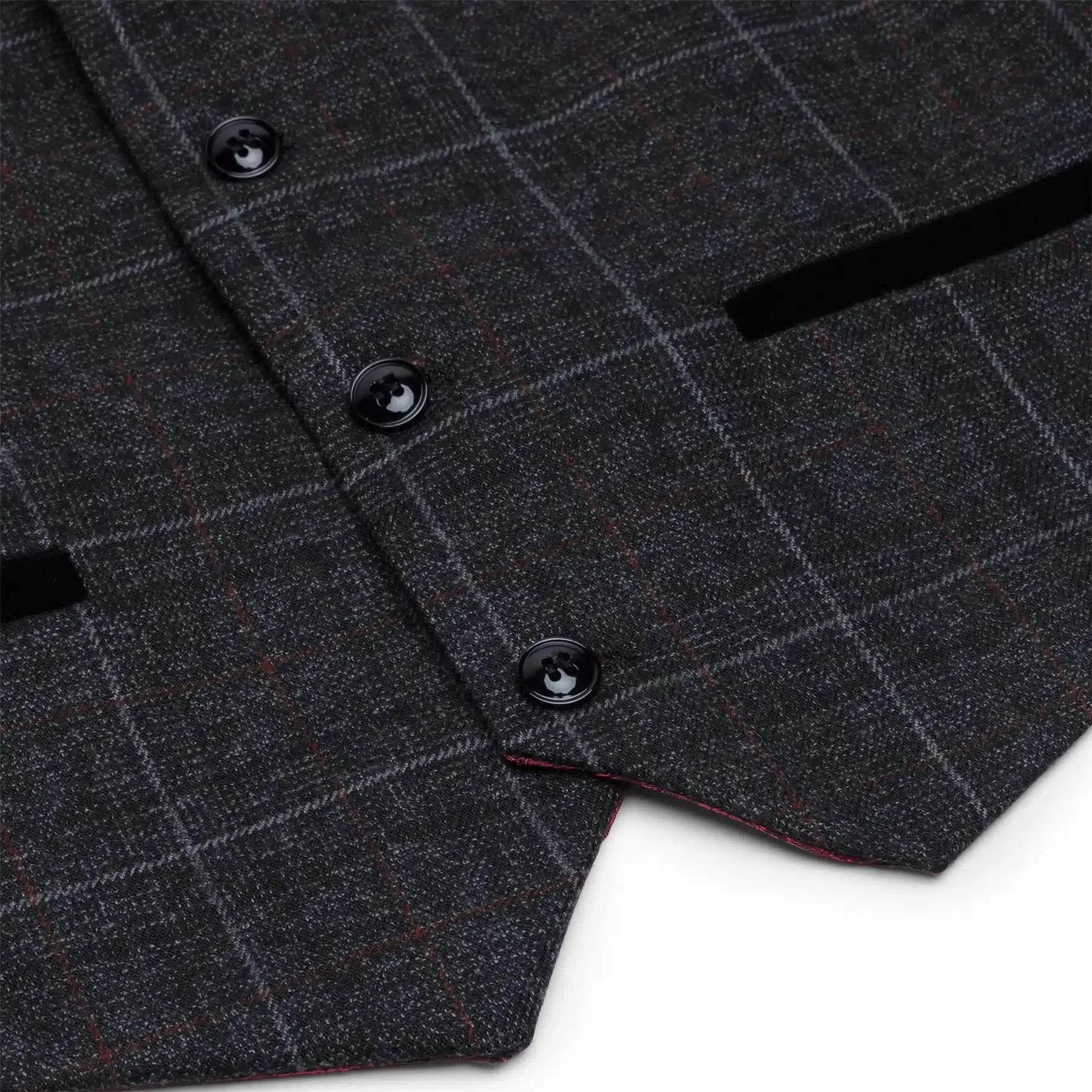 Terno infantil de tweed cinza e preto de 3 peças com estampa espinha de peixe, vinho, estilo vintage retrô.