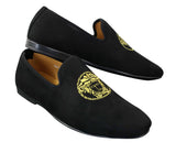 Fiorello HD0112-04 - Mocassins masculinos pretos icônicos Medusa, estilo mocassim, para dirigir, em camurça sintética italiana.