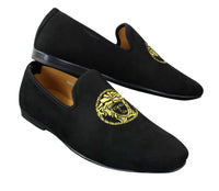 Fiorello HD0112-04 - Mocassins masculinos pretos icônicos Medusa, estilo mocassim, para dirigir, em camurça sintética italiana.