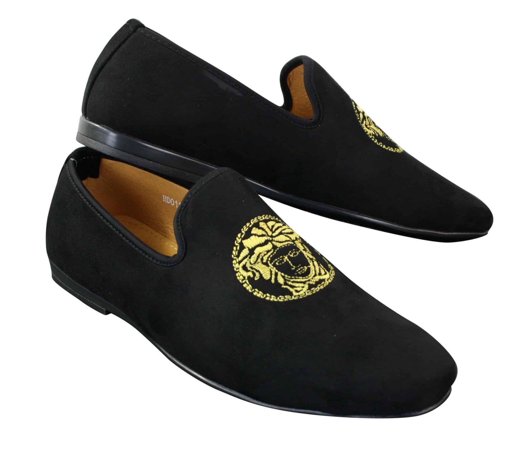 Fiorello HD0112-04 - Mocassins masculinos pretos icônicos Medusa, estilo mocassim, para dirigir, em camurça sintética italiana.