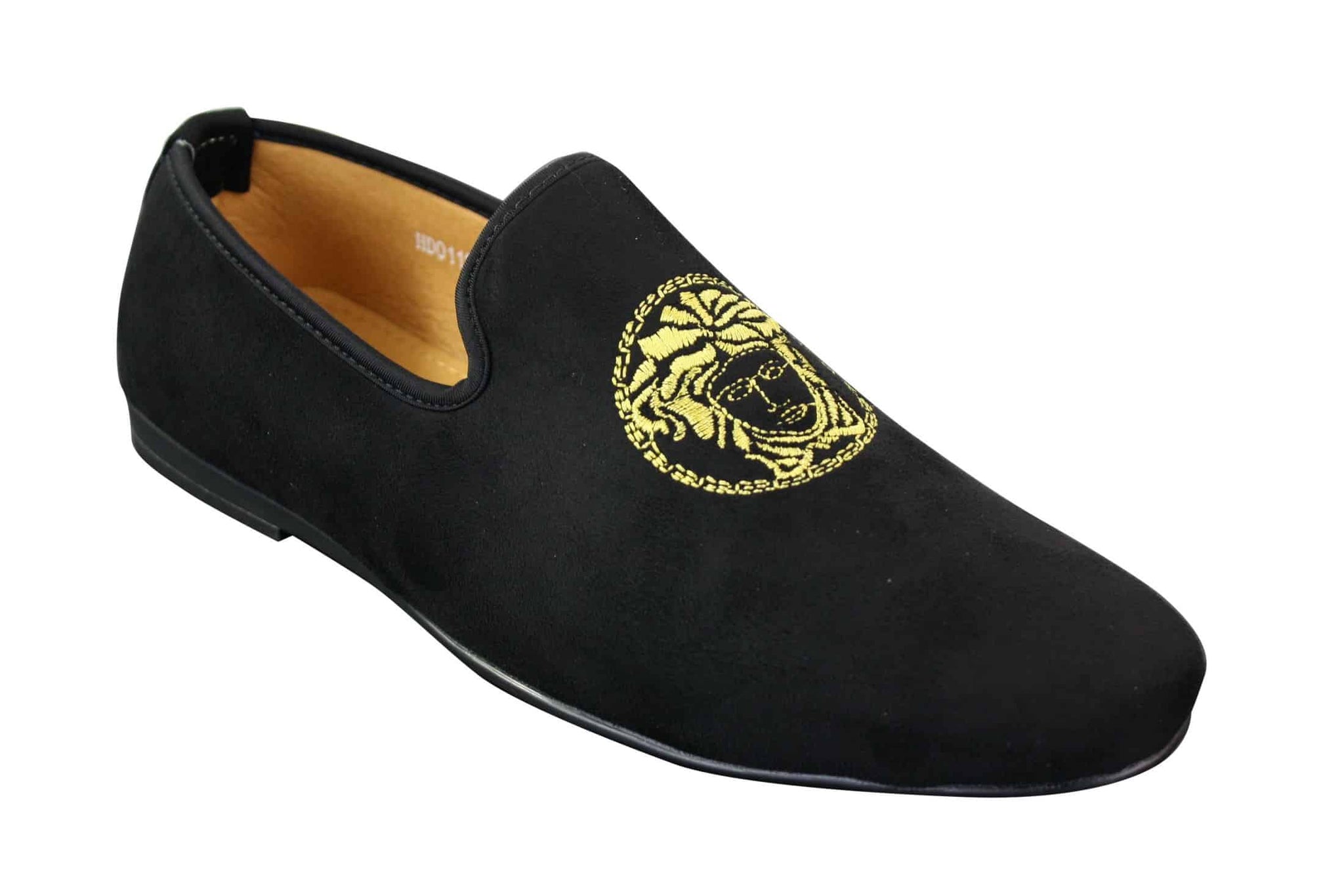 Fiorello HD0112-04 - Mocassins masculinos pretos icônicos Medusa, estilo mocassim, para dirigir, em camurça sintética italiana.