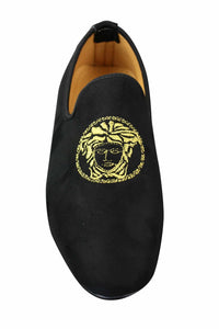 Fiorello HD0112-04 - Mocassins masculinos pretos icônicos Medusa, estilo mocassim, para dirigir, em camurça sintética italiana.