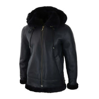 Jaqueta masculina preta de couro com capuz em pele de carneiro e forro de lã de carneiro, estilo aviador/piloto.