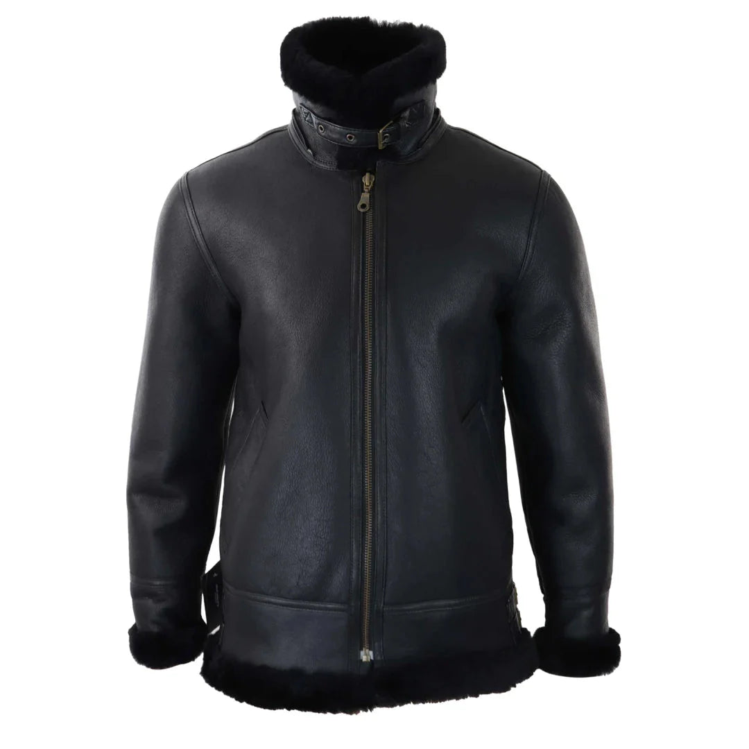 Jaqueta masculina preta de couro com capuz em pele de carneiro e forro de lã de carneiro, estilo aviador/piloto.