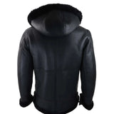 Jaqueta masculina preta de couro com capuz em pele de carneiro e forro de lã de carneiro, estilo aviador/piloto.