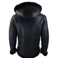 Jaqueta masculina preta de couro com capuz em pele de carneiro e forro de lã de carneiro, estilo aviador/piloto.