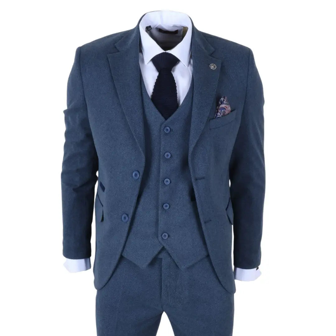 IM40 - Terno masculino de tweed espinha de peixe azul marinho de 3 peças