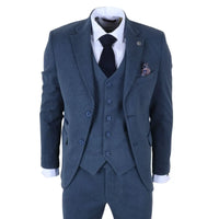 IM40 - Terno masculino de tweed espinha de peixe azul marinho de 3 peças
