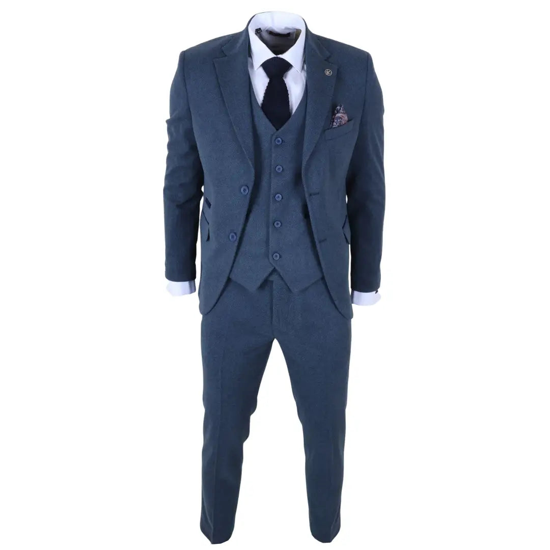 IM40 - Terno masculino de tweed espinha de peixe azul marinho de 3 peças