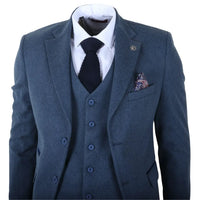 IM40 - Terno masculino de tweed espinha de peixe azul marinho de 3 peças