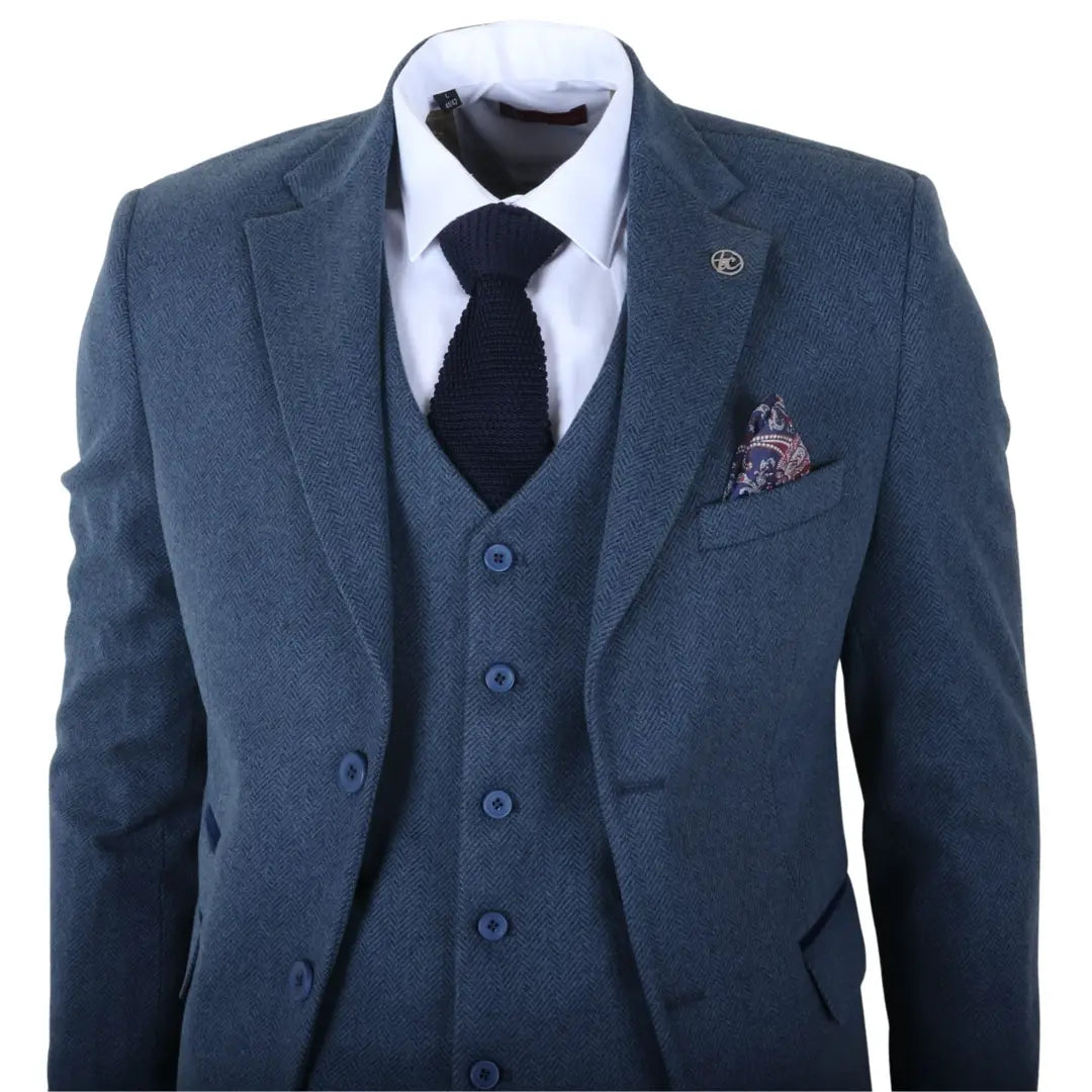 IM40 - Terno masculino de tweed espinha de peixe azul marinho de 3 peças