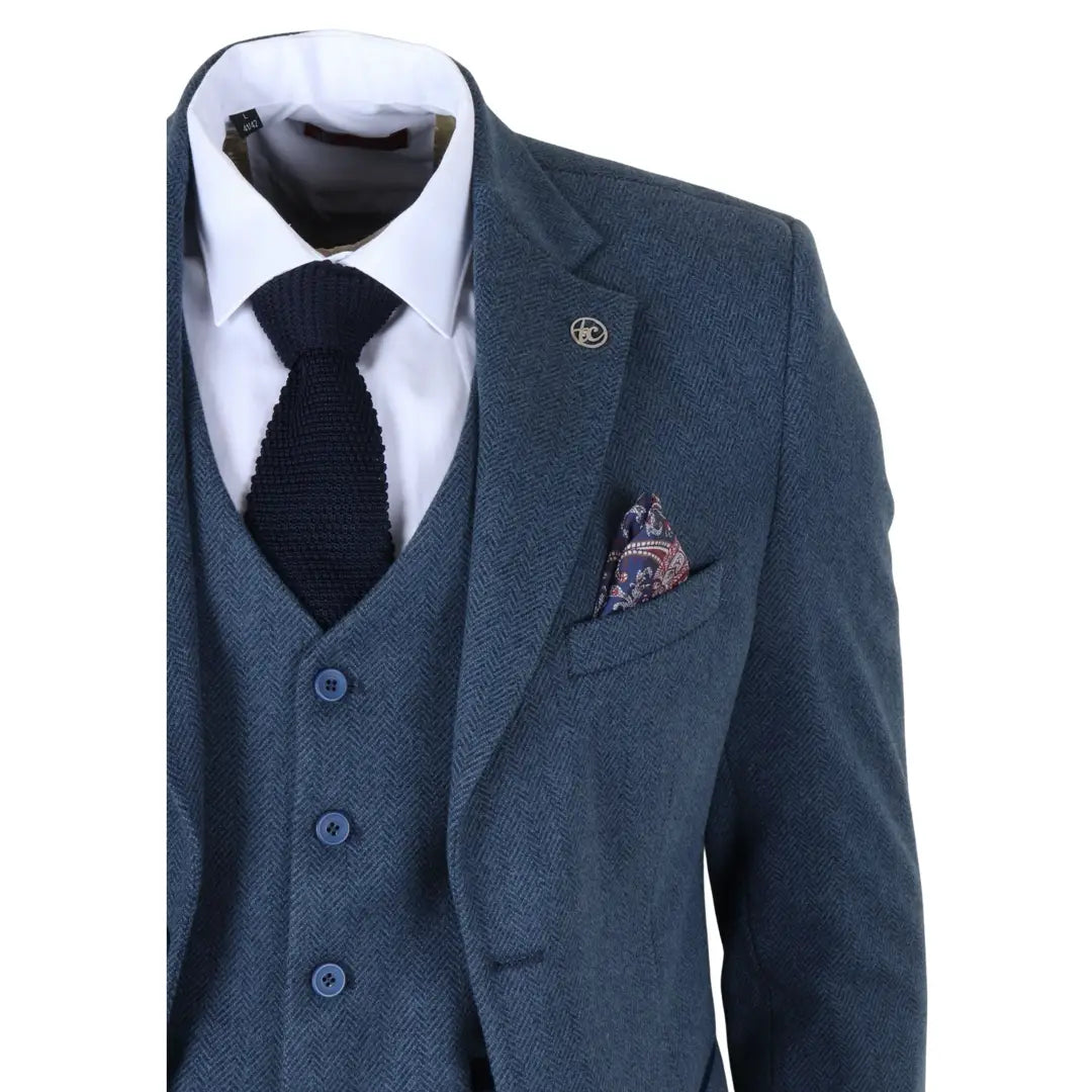 IM40 - Terno masculino de tweed espinha de peixe azul marinho de 3 peças