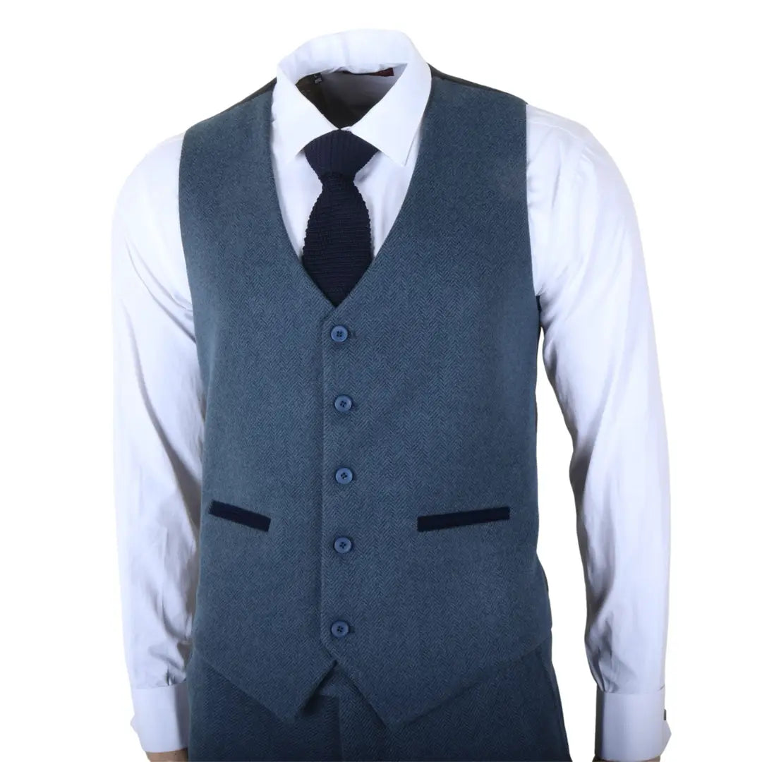 IM40 - Terno masculino de tweed espinha de peixe azul marinho de 3 peças