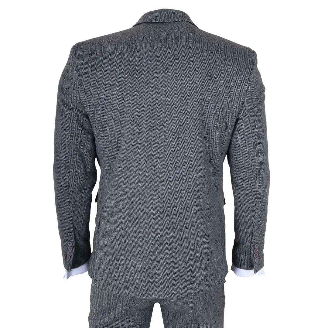 IM41 - Terno de tweed espinha de peixe cinza de 3 peças para homem