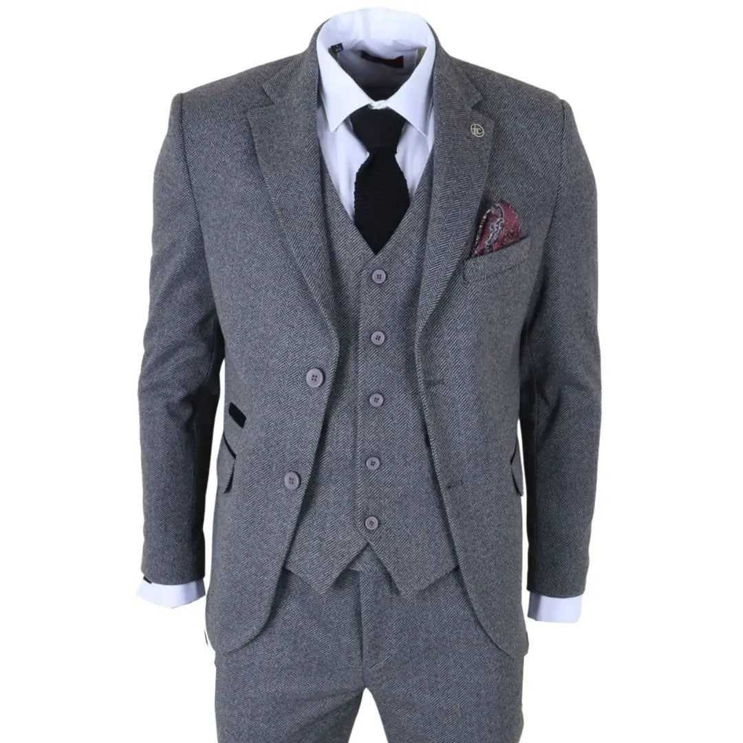 IM41 - Terno de tweed espinha de peixe cinza de 3 peças para homem