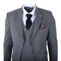 IM41 - Terno de tweed espinha de peixe cinza de 3 peças para homem