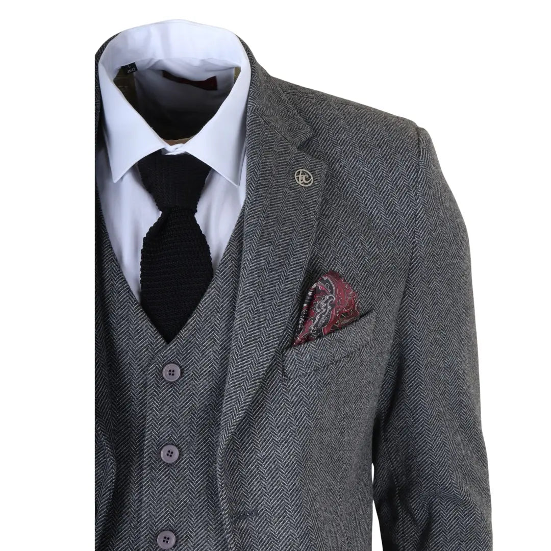 IM41 - Terno de tweed espinha de peixe cinza de 3 peças para homem
