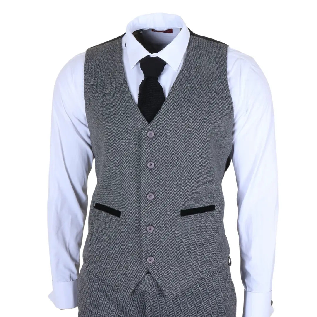 IM41 - Terno de tweed espinha de peixe cinza de 3 peças para homem