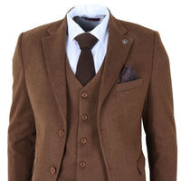 IM42 - Terno de tweed espinha de peixe marrom de 3 peças para homem