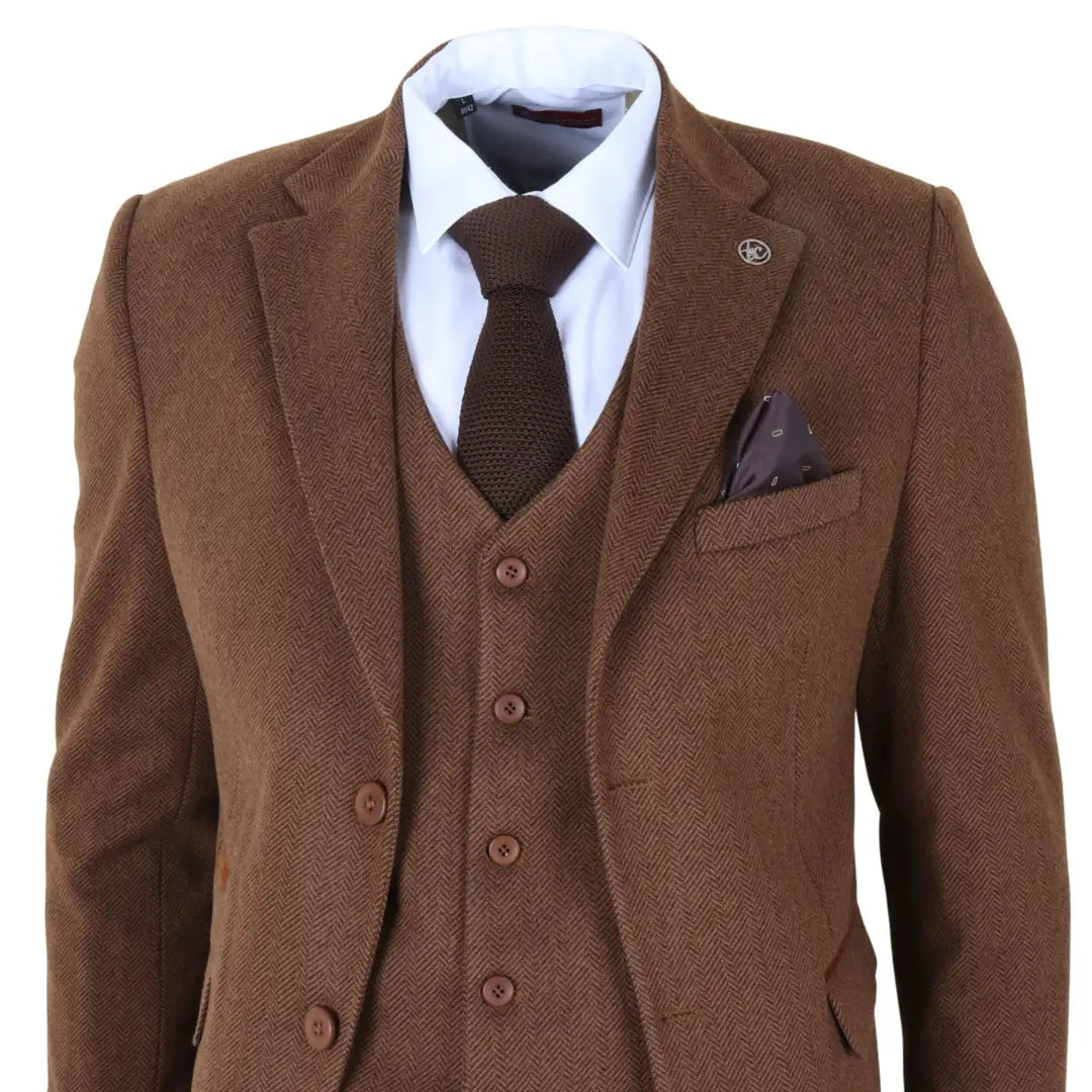 IM42 - Terno de tweed espinha de peixe marrom de 3 peças para homem