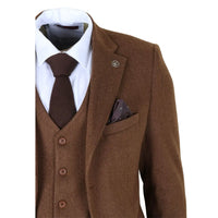 IM42 - Terno de tweed espinha de peixe marrom de 3 peças para homem