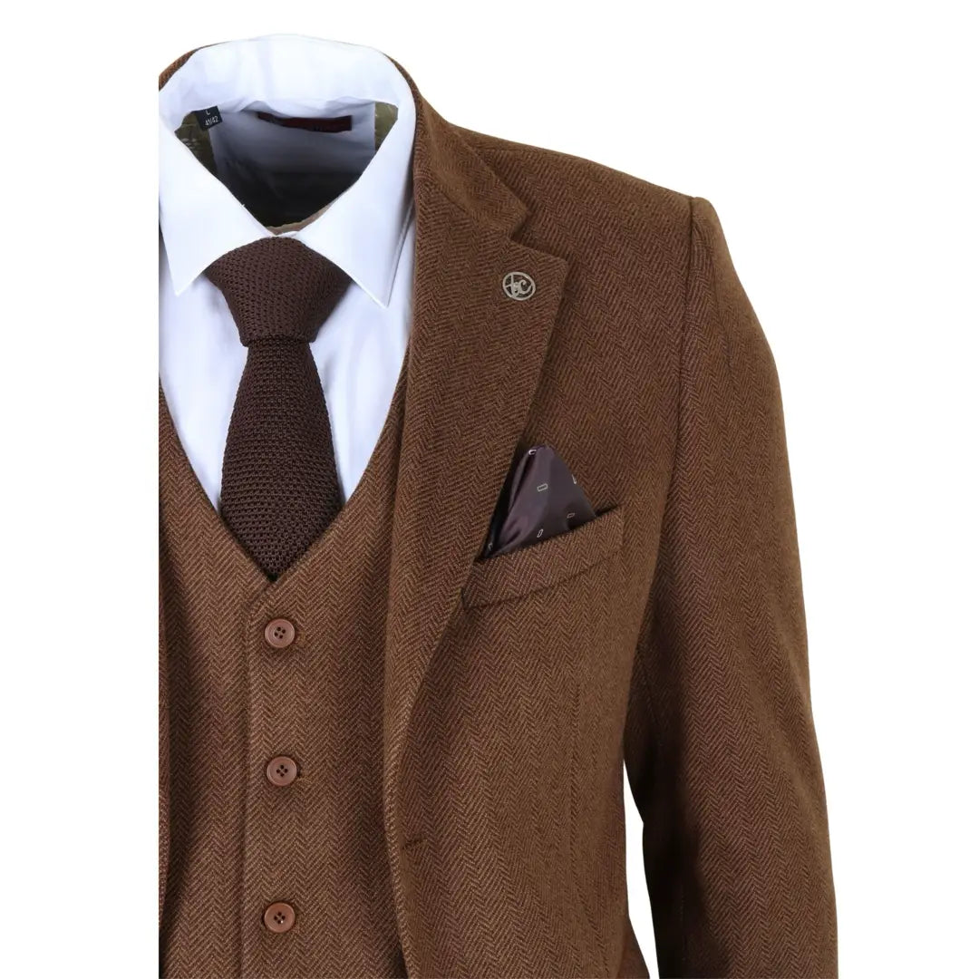 IM42 - Terno de tweed espinha de peixe marrom de 3 peças para homem