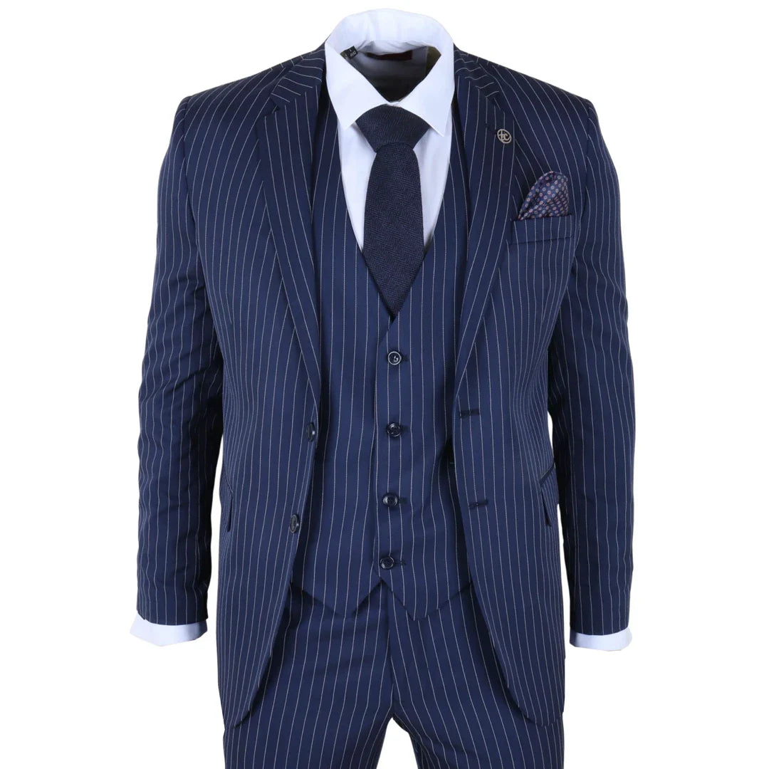 IM43 - Terno masculino de três peças azul marinho com risca de giz, estilo Shelby