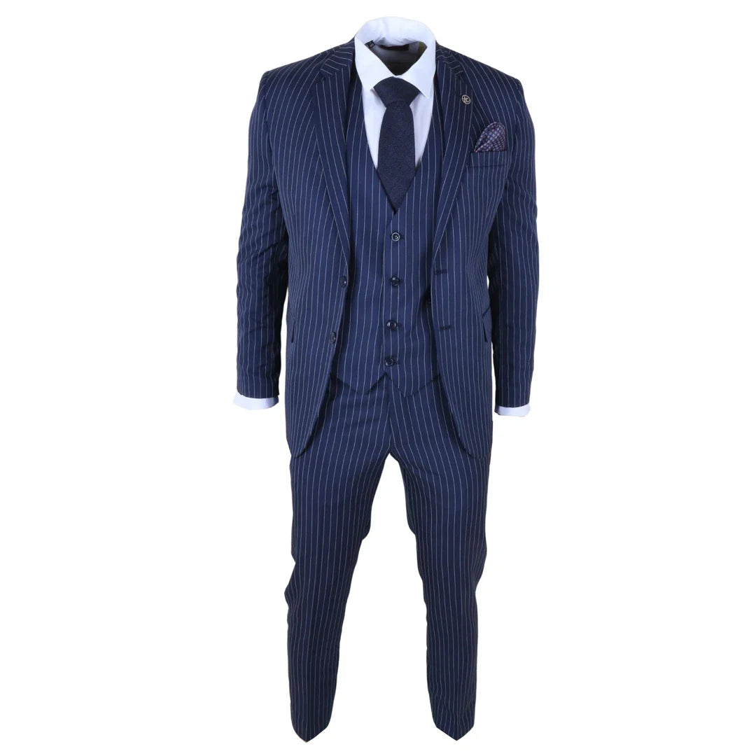IM43 - Terno masculino de três peças azul marinho com risca de giz, estilo Shelby