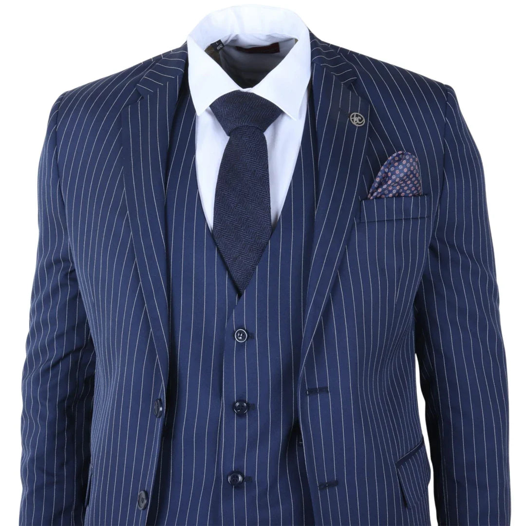 IM43 - Terno masculino de três peças azul marinho com risca de giz, estilo Shelby