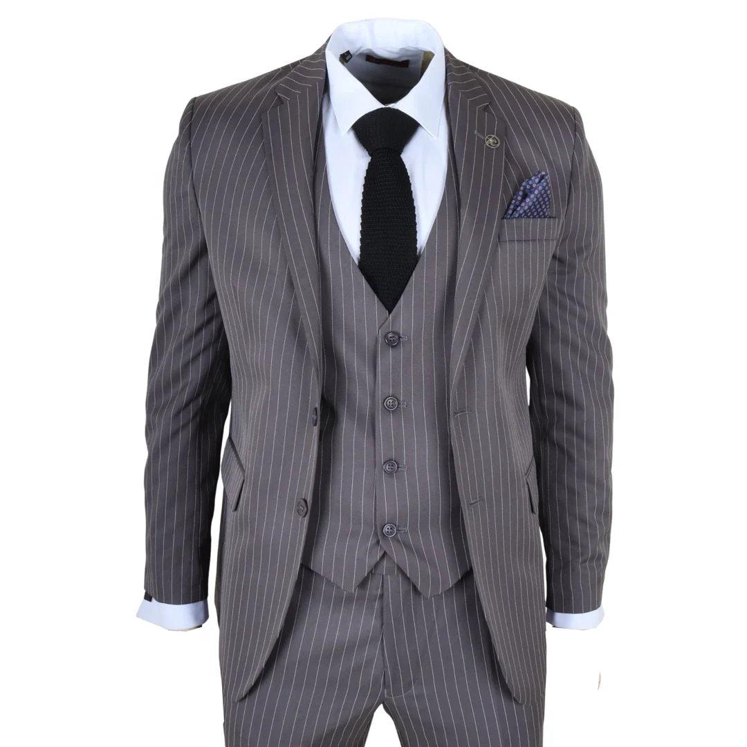 IM44 - Terno masculino risca de giz cinza de 3 peças estilo Shelby