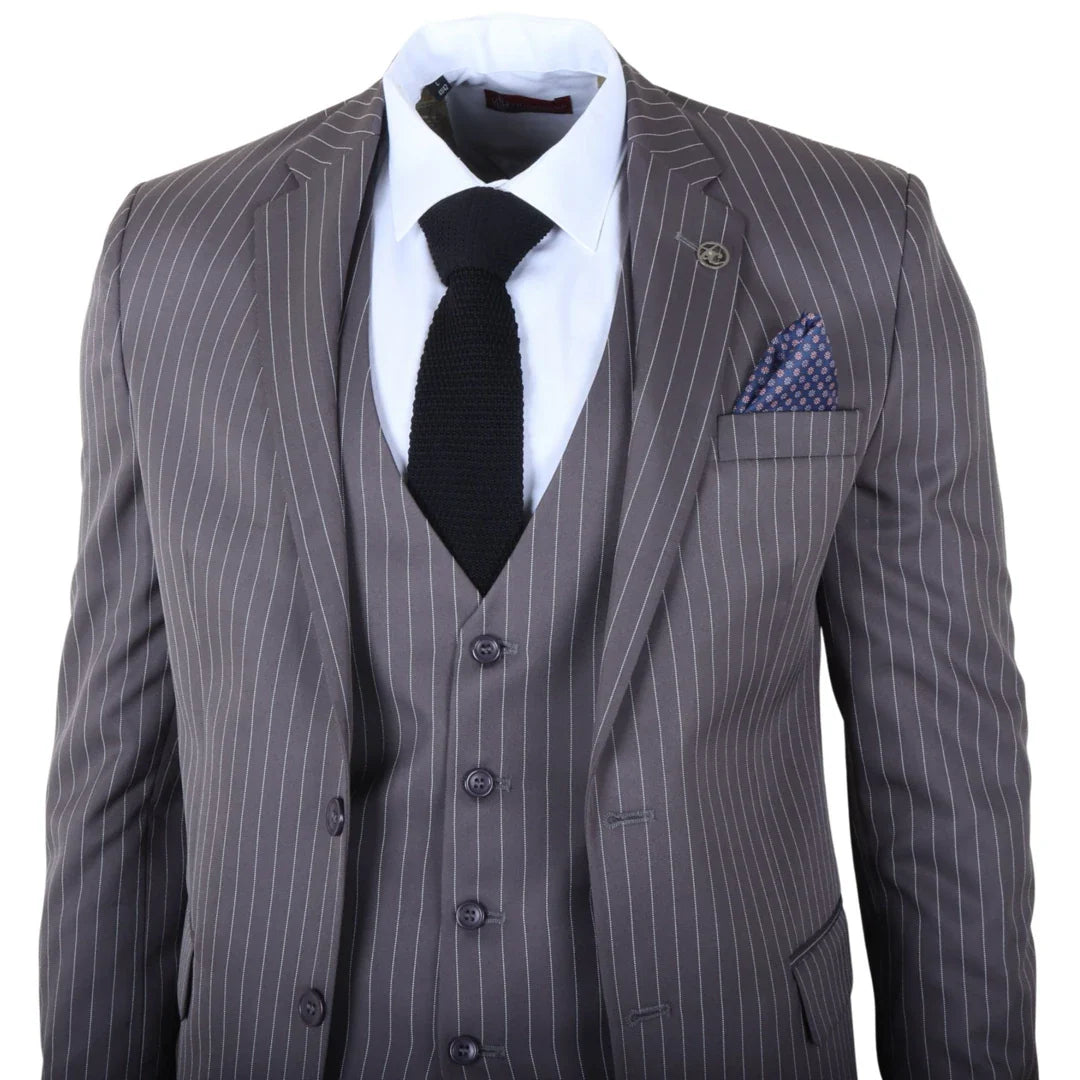 IM44 - Terno masculino risca de giz cinza de 3 peças estilo Shelby
