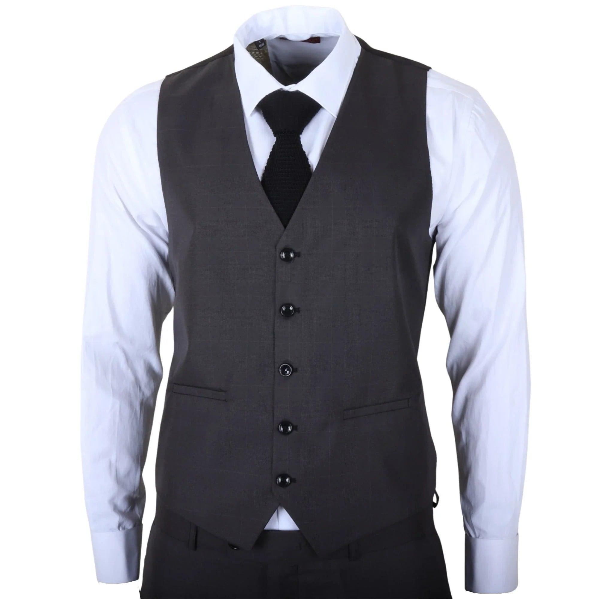 IM51 - Terno masculino de três peças xadrez carvão, corte sob medida.