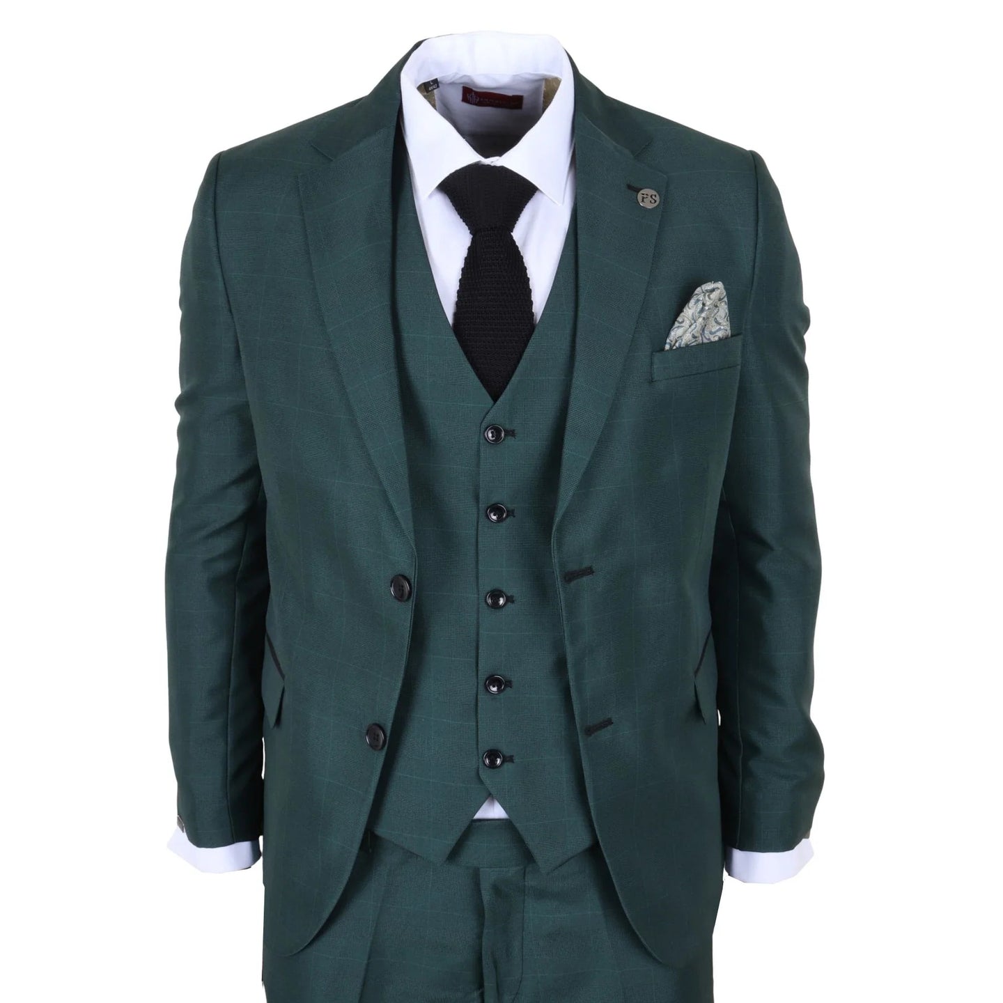 IM52 - Terno masculino de três peças com estampa xadrez verde e corte sob medida.