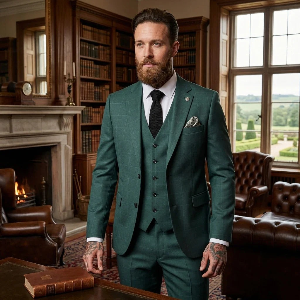 IM52 - Terno masculino de três peças com estampa xadrez verde e corte sob medida.