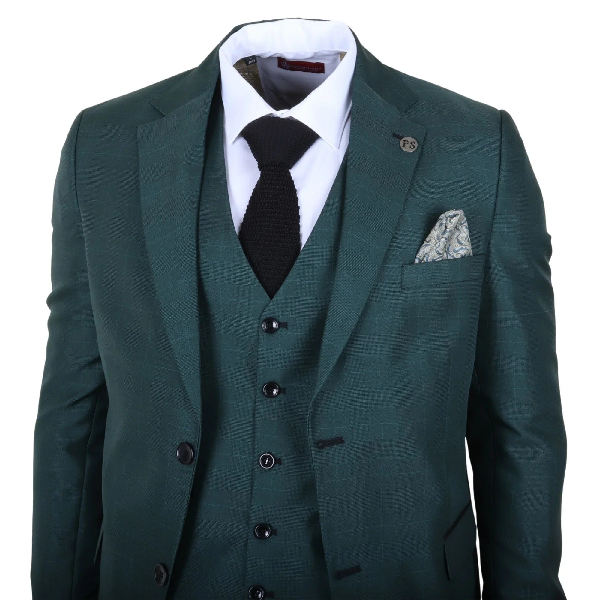 IM52 - Terno masculino de três peças com estampa xadrez verde e corte sob medida.