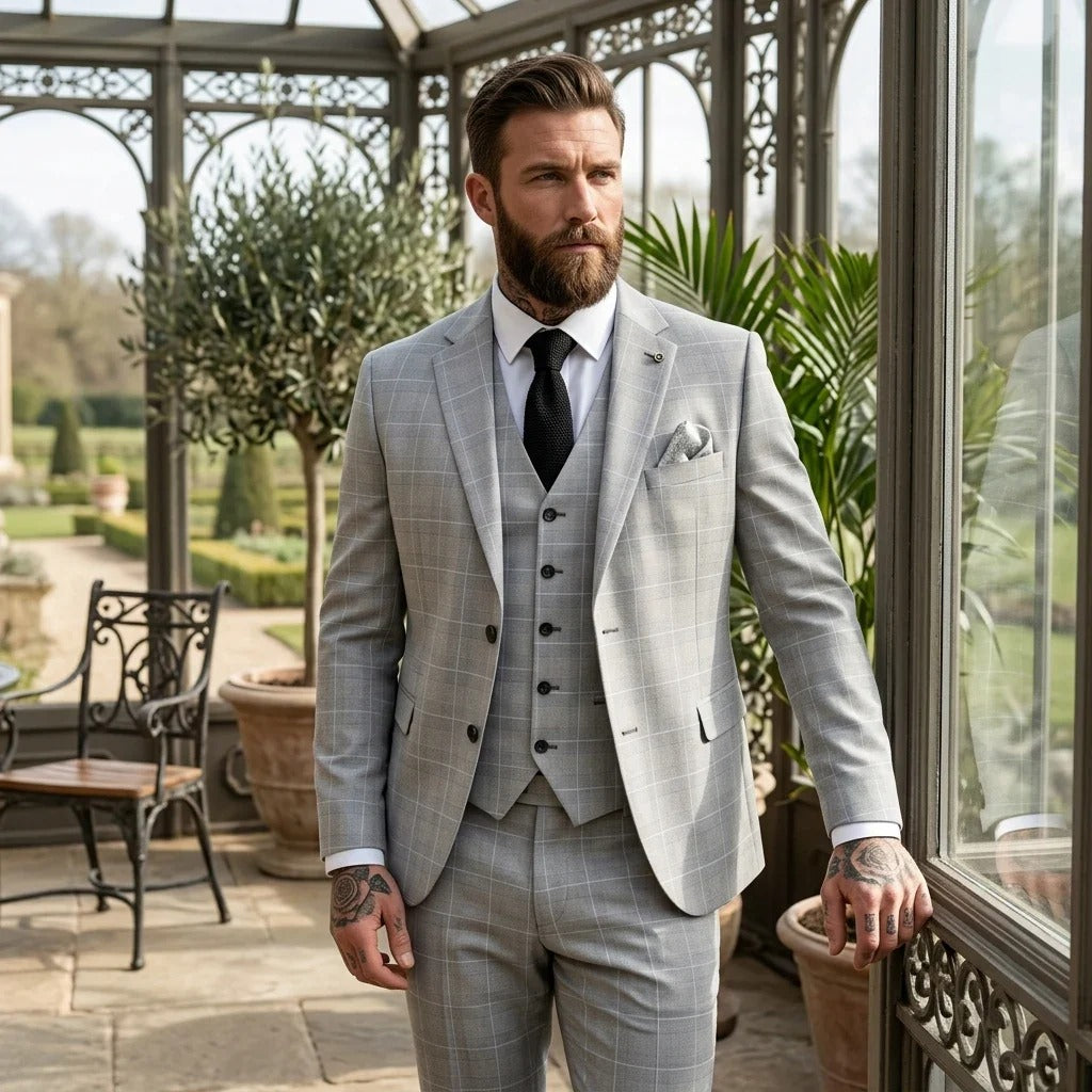 IM53 - Terno masculino cinza xadrez de 3 peças com corte sob medida