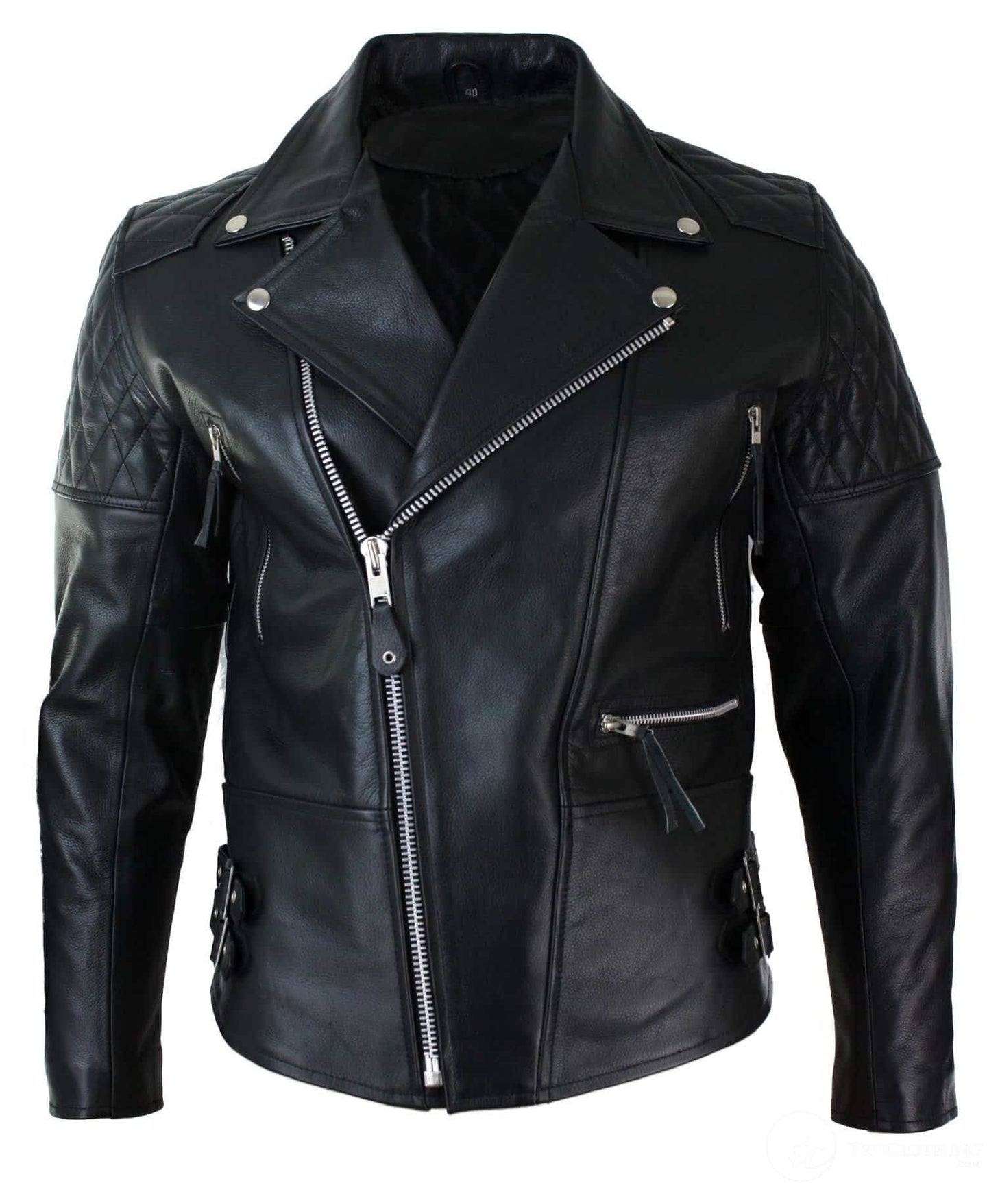 Jaqueta masculina de couro legítimo bovino com zíper cruzado e acolchoamento, estilo motociclista, nas cores branca e preta, modelo Brando Vintage-Black.