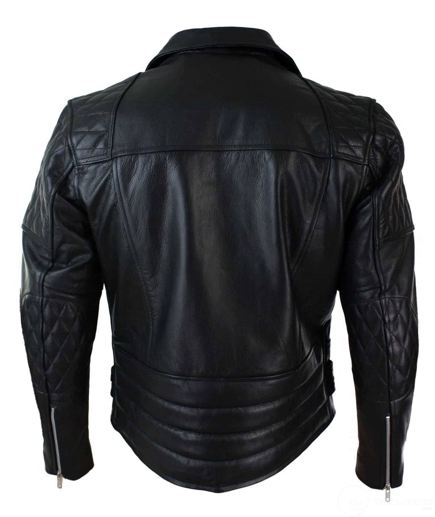 Jaqueta masculina de couro legítimo bovino com zíper cruzado e acolchoamento, estilo motociclista, nas cores branca e preta, modelo Brando Vintage-Black.