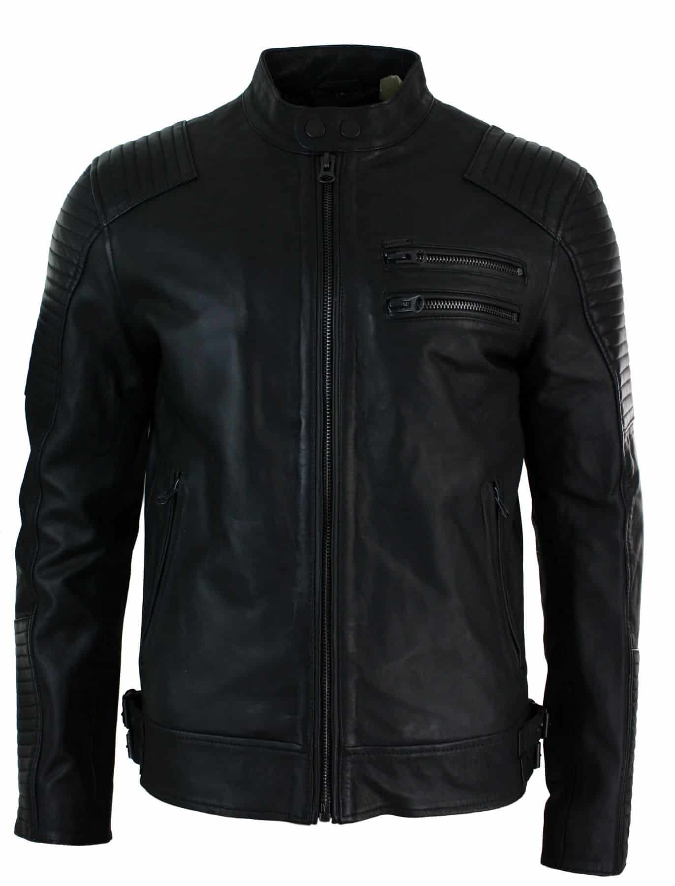 Jaqueta masculina de couro legítimo, corte slim, lavagem preta, zíper, estilo motociclista, curta e casual.