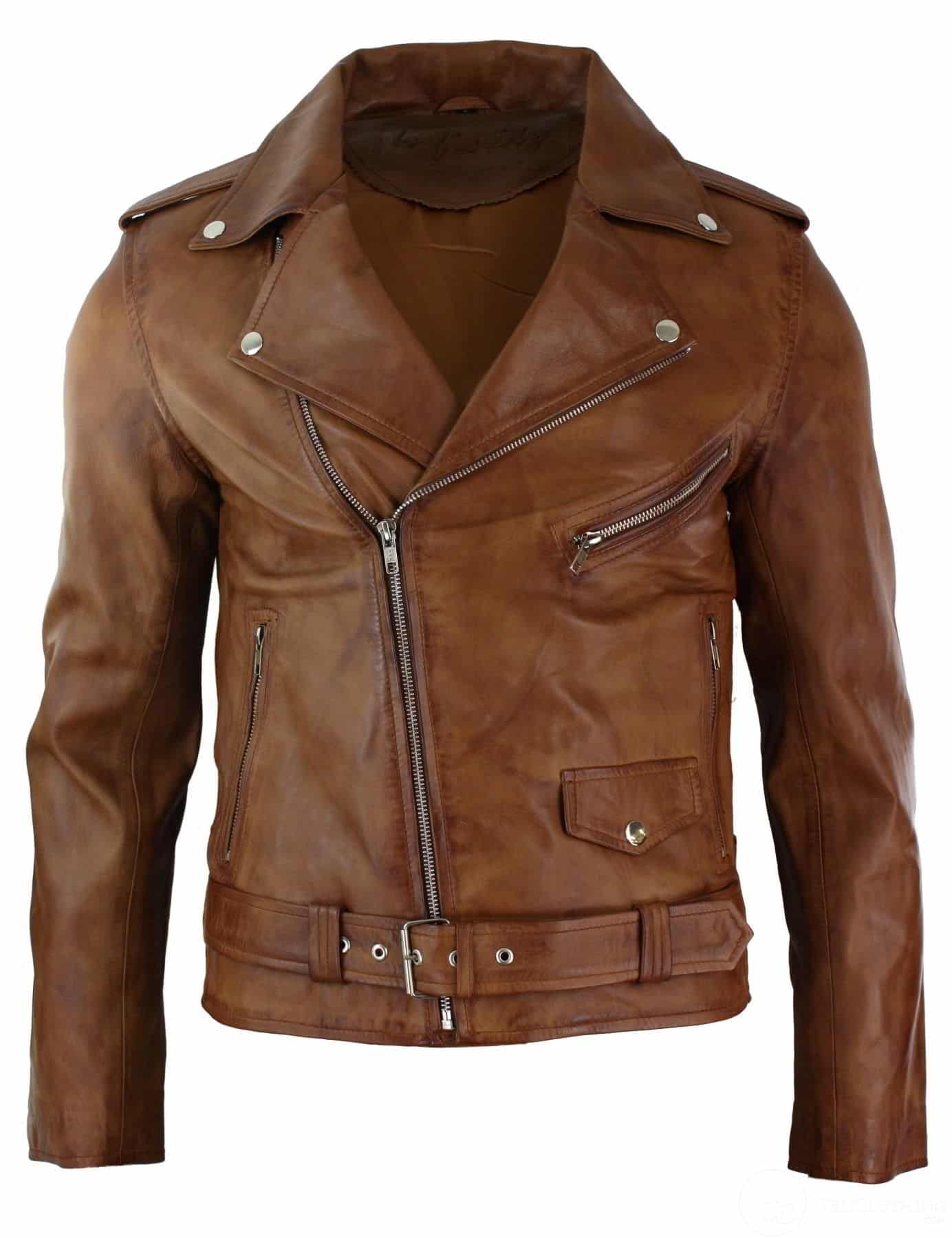 Jaqueta masculina retrô vintage Brando, corte slim, em couro legítimo, cor verde-azulada, com zíper cruzado.