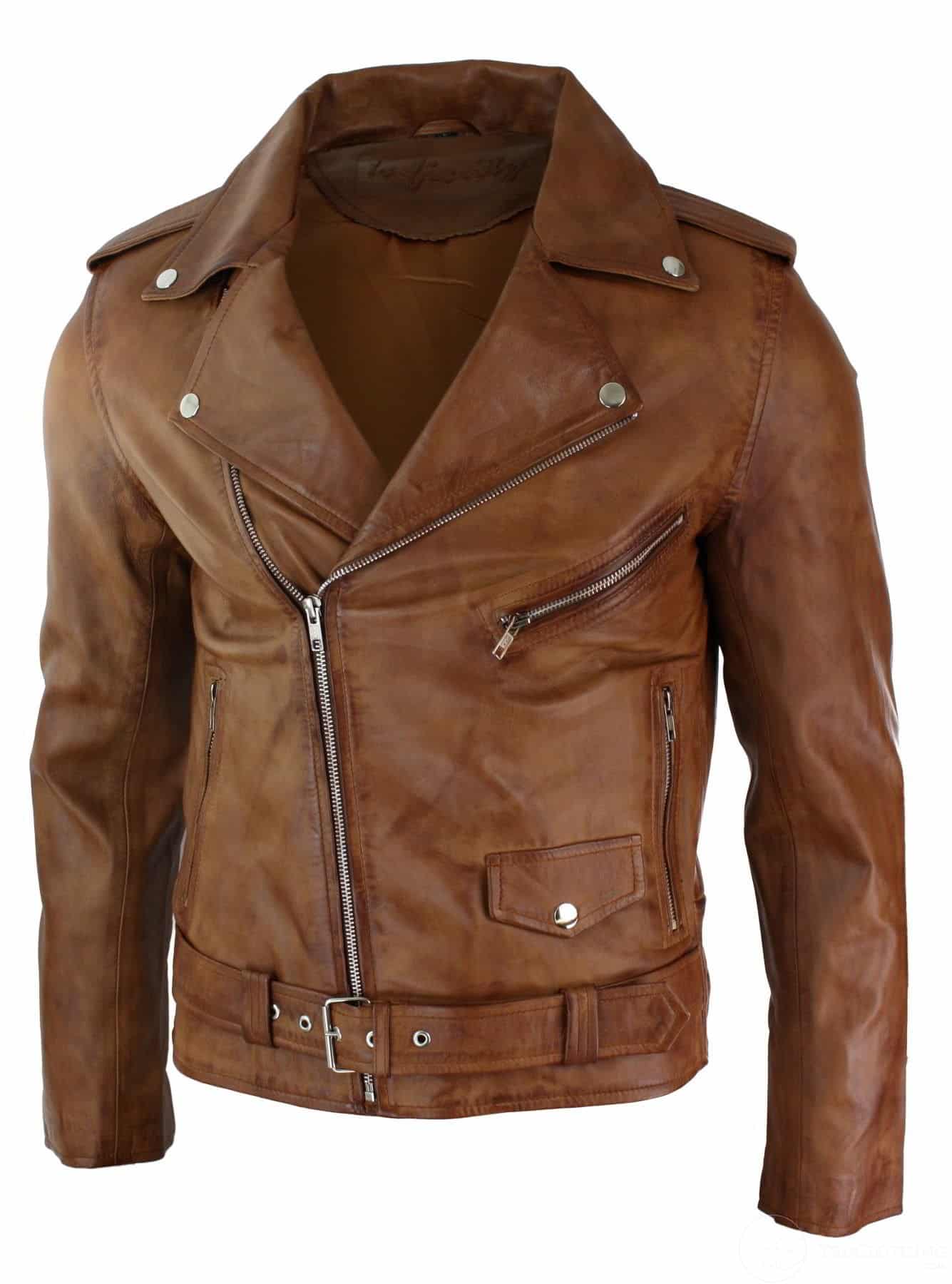 Jaqueta masculina retrô vintage Brando, corte slim, em couro legítimo, cor verde-azulada, com zíper cruzado.